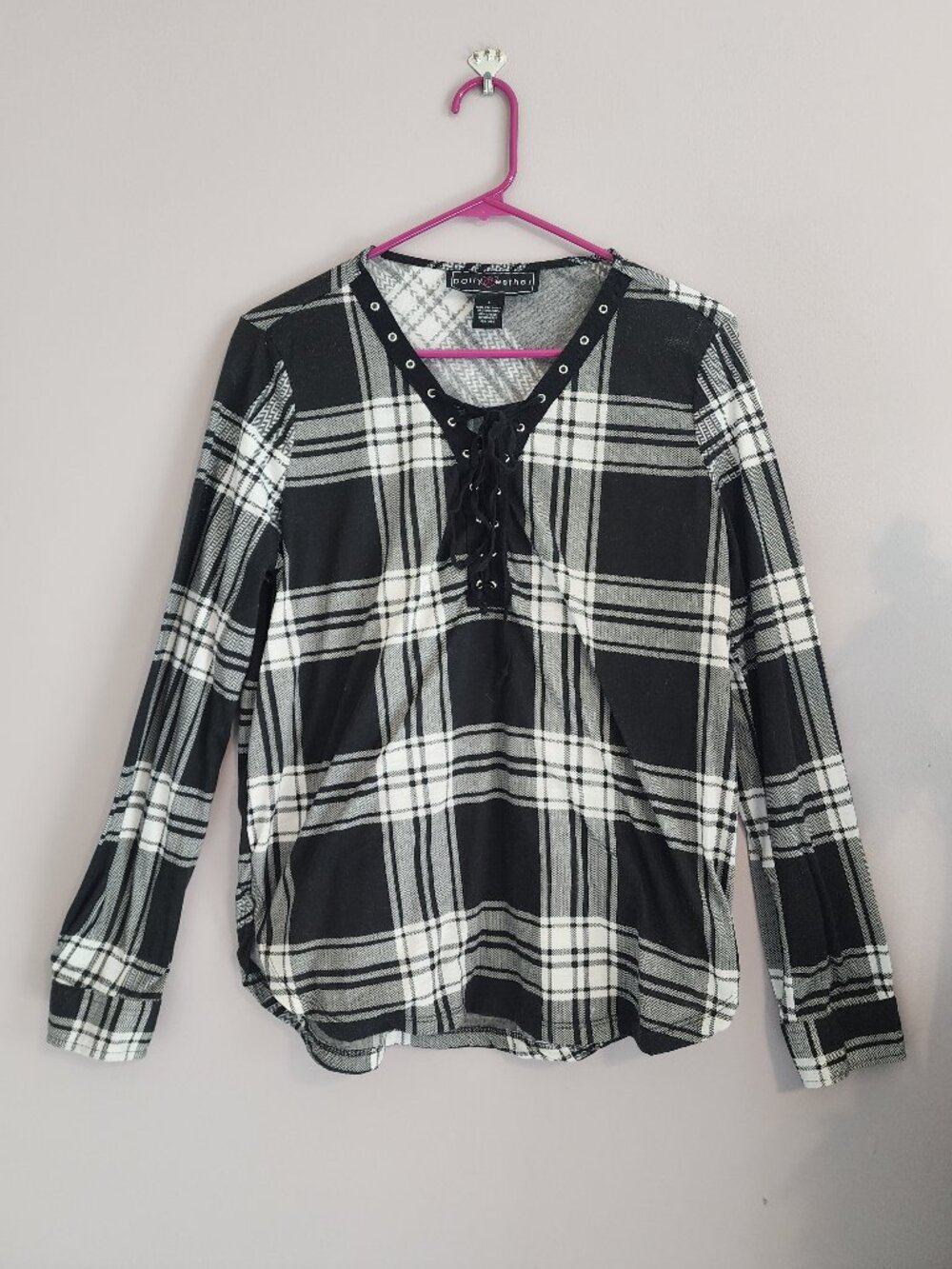 Polly & Esther Black & White Plaid Lace Up Tie Blouse - Size Large